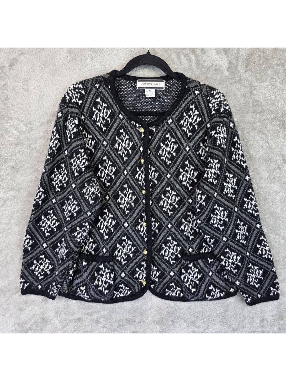 Crystal Kobe Cardigan Sweater Womens Medium Black Fair Isle Knit Pockets